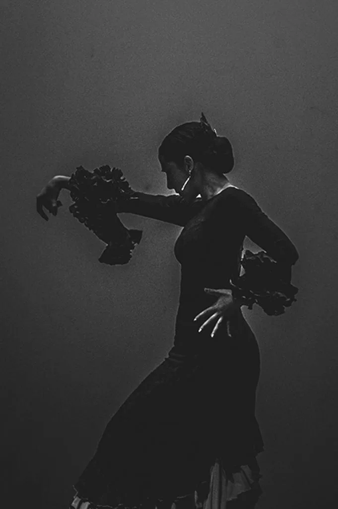 Bailaora flamenca en penumbra, en blanco y negro